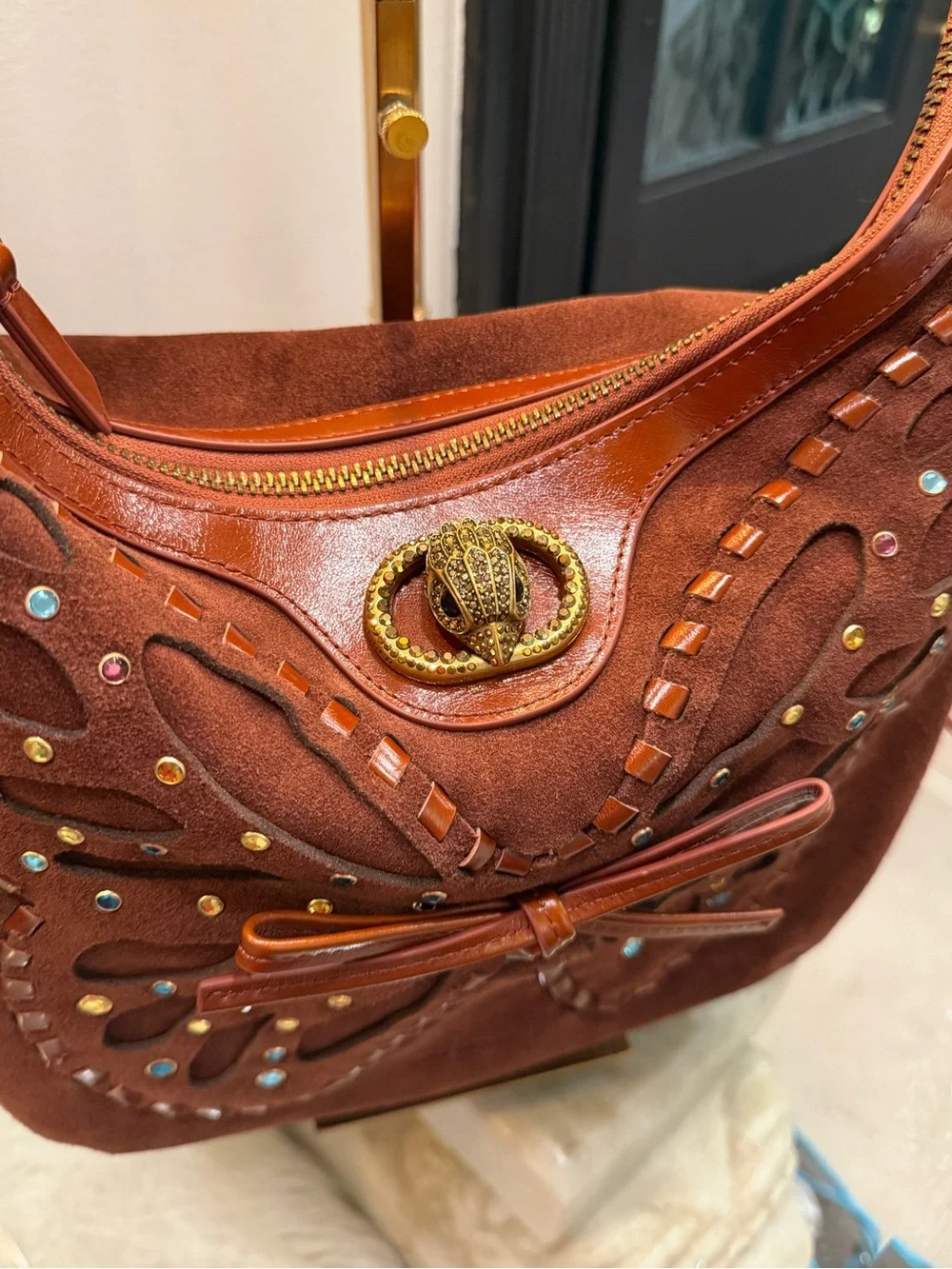 Kurt Geiger NWT Chelsea Suede Studded Butterfly Hobo Shoulder Bag in Brown